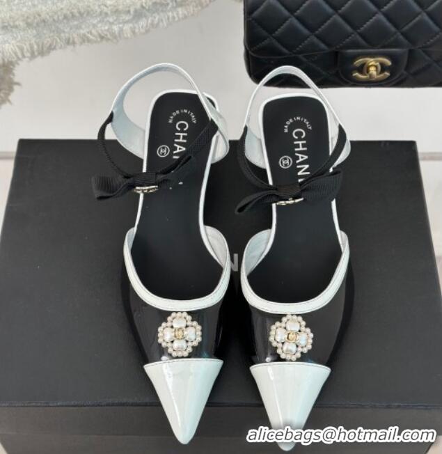 Grade Quality Chanel Calfskin Heel Sandals 3.5cm with Pearl Clover and Bow Black 224052