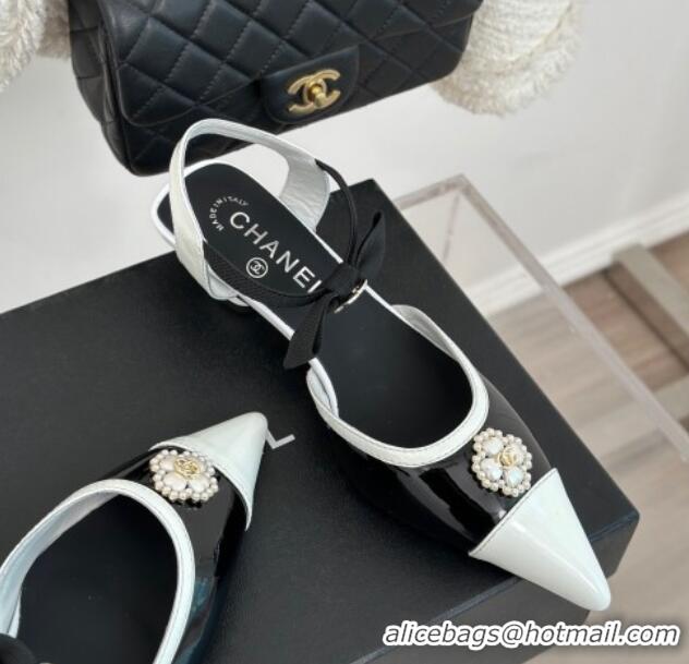 Grade Quality Chanel Calfskin Heel Sandals 3.5cm with Pearl Clover and Bow Black 224052