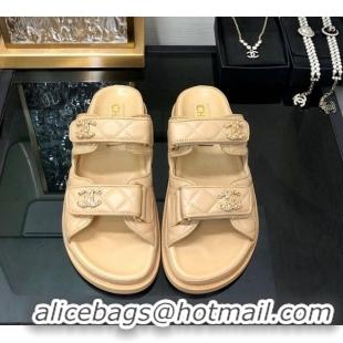 Low Price Chanel Quilted Lambskin Flat Strap Slide Sandals with Chain CC Beige 0224053