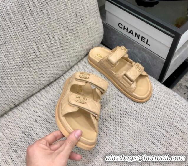 Low Price Chanel Quilted Lambskin Flat Strap Slide Sandals with Chain CC Beige 0224053