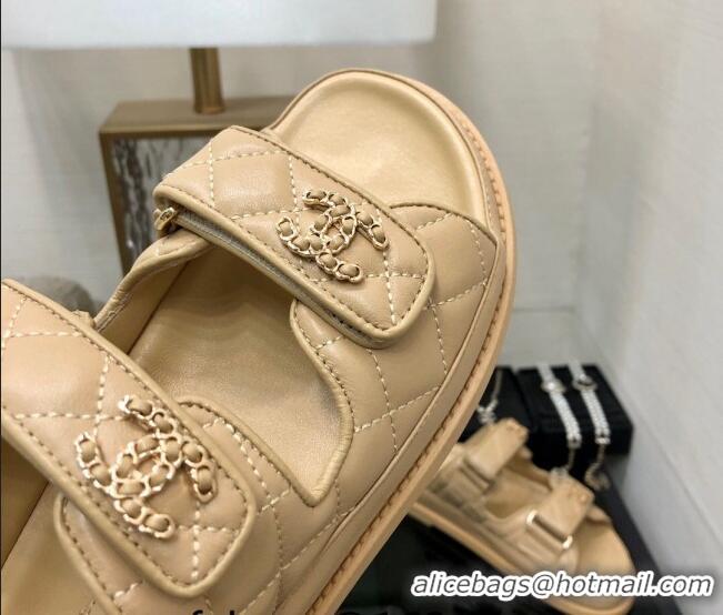 Low Price Chanel Quilted Lambskin Flat Strap Slide Sandals with Chain CC Beige 0224053