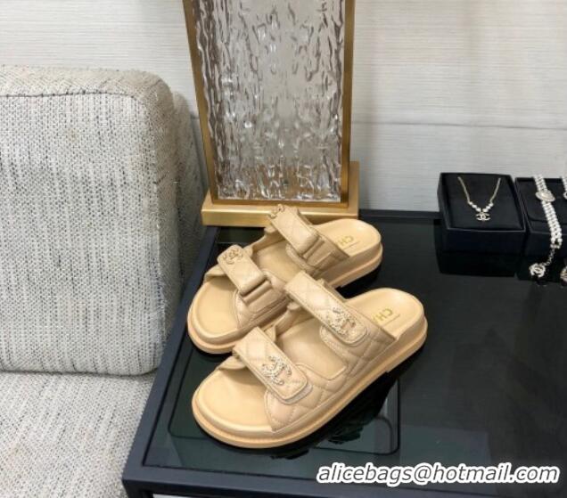 Low Price Chanel Quilted Lambskin Flat Strap Slide Sandals with Chain CC Beige 0224053