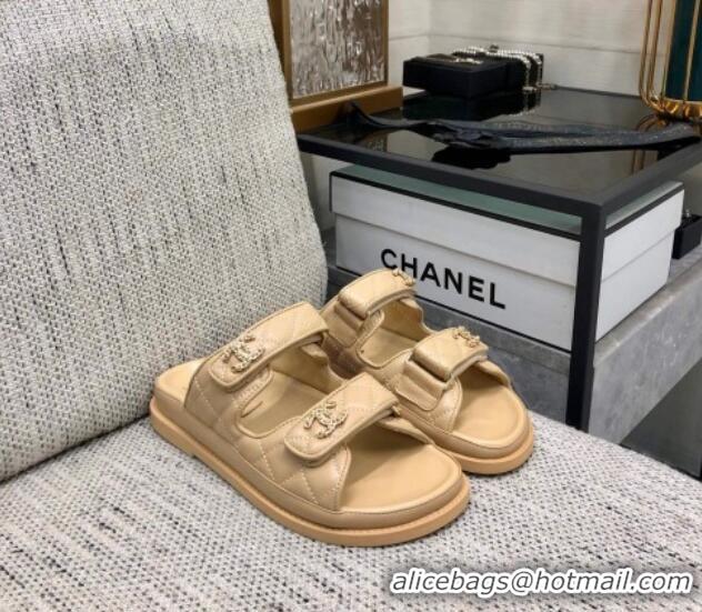 Low Price Chanel Quilted Lambskin Flat Strap Slide Sandals with Chain CC Beige 0224053