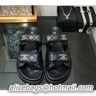 Best Grade Chanel Quilted Lambskin Flat Strap Slide Sandals with Chain CC Black 0224054