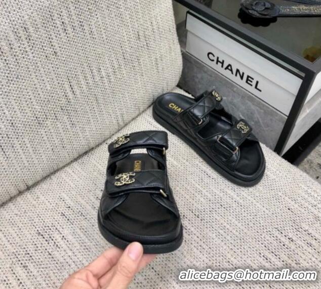 Best Grade Chanel Quilted Lambskin Flat Strap Slide Sandals with Chain CC Black 0224054