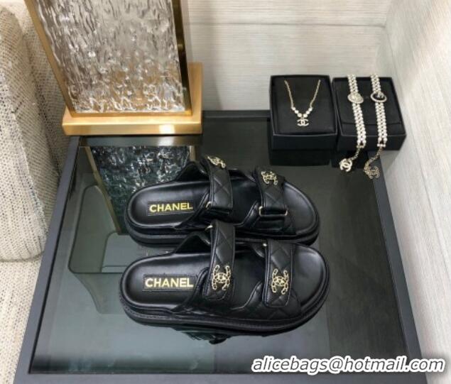 Best Grade Chanel Quilted Lambskin Flat Strap Slide Sandals with Chain CC Black 0224054