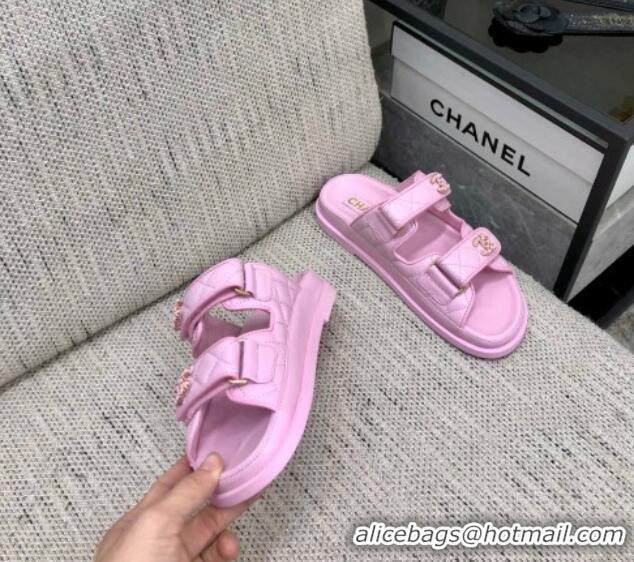 Best Price Chanel Quilted Lambskin Flat Strap Slide Sandals with Chain CC Purple 0224055