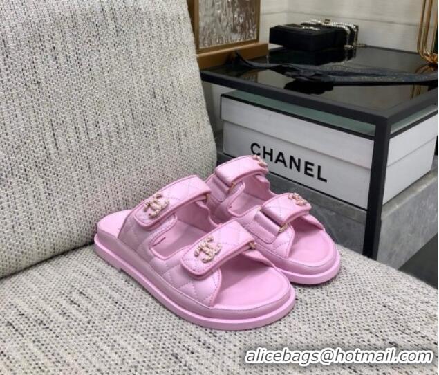 Best Price Chanel Quilted Lambskin Flat Strap Slide Sandals with Chain CC Purple 0224055