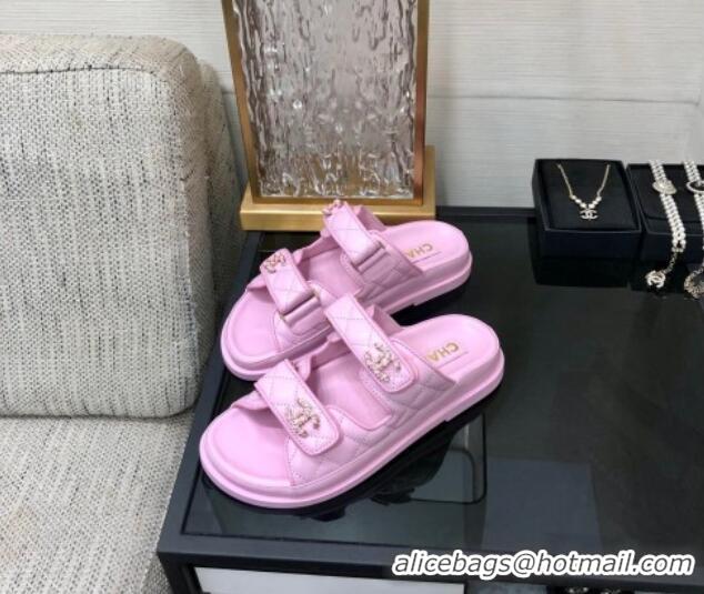 Best Price Chanel Quilted Lambskin Flat Strap Slide Sandals with Chain CC Purple 0224055