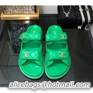 Buy Discount Chanel Quilted Lambskin Flat Strap Slide Sandals with Chain CC Green 0224056