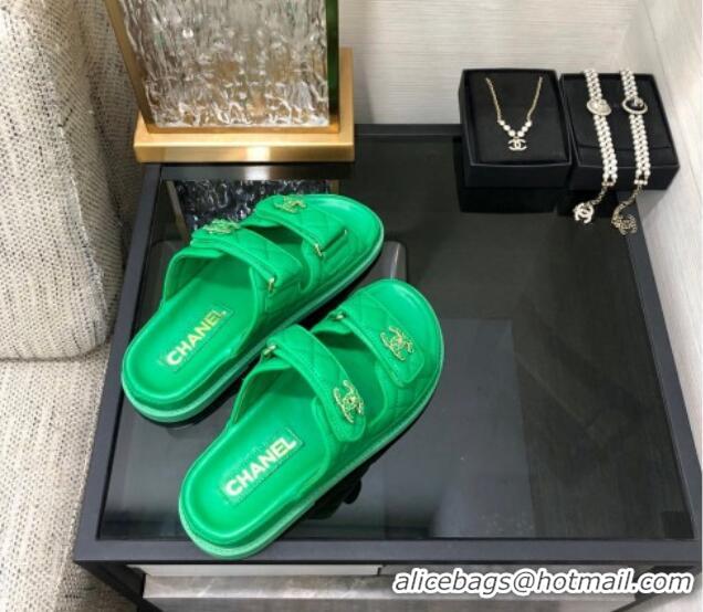 Buy Discount Chanel Quilted Lambskin Flat Strap Slide Sandals with Chain CC Green 0224056