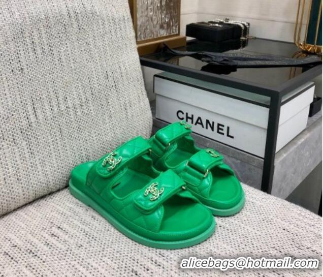 Buy Discount Chanel Quilted Lambskin Flat Strap Slide Sandals with Chain CC Green 0224056