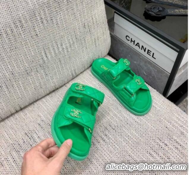 Buy Discount Chanel Quilted Lambskin Flat Strap Slide Sandals with Chain CC Green 0224056