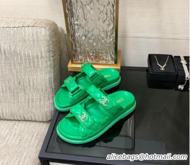 Buy Discount Chanel Quilted Lambskin Flat Strap Slide Sandals with Chain CC Green 0224056