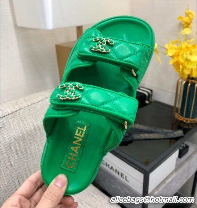 Buy Discount Chanel Quilted Lambskin Flat Strap Slide Sandals with Chain CC Green 0224056