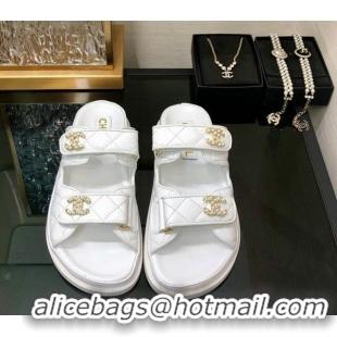 Purchase Chanel Quilted Lambskin Flat Strap Slide Sandals with Chain CC White 0224057