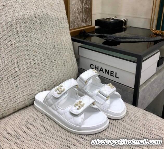 Purchase Chanel Quilted Lambskin Flat Strap Slide Sandals with Chain CC White 0224057