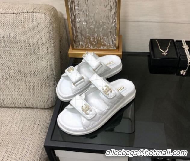 Purchase Chanel Quilted Lambskin Flat Strap Slide Sandals with Chain CC White 0224057