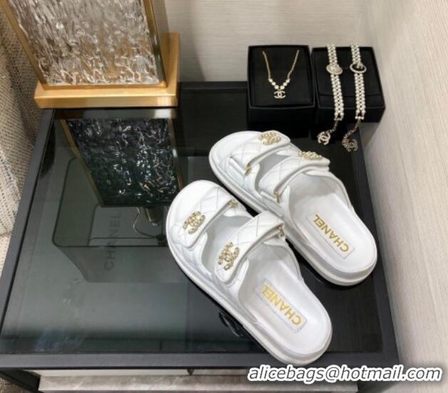 Purchase Chanel Quilted Lambskin Flat Strap Slide Sandals with Chain CC White 0224057