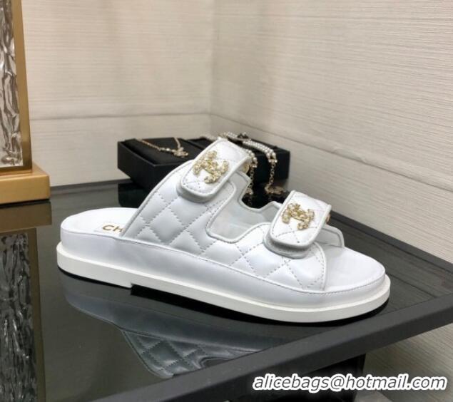 Purchase Chanel Quilted Lambskin Flat Strap Slide Sandals with Chain CC White 0224057