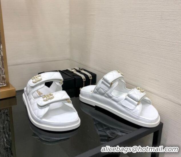 Purchase Chanel Quilted Lambskin Flat Strap Slide Sandals with Chain CC White 0224057