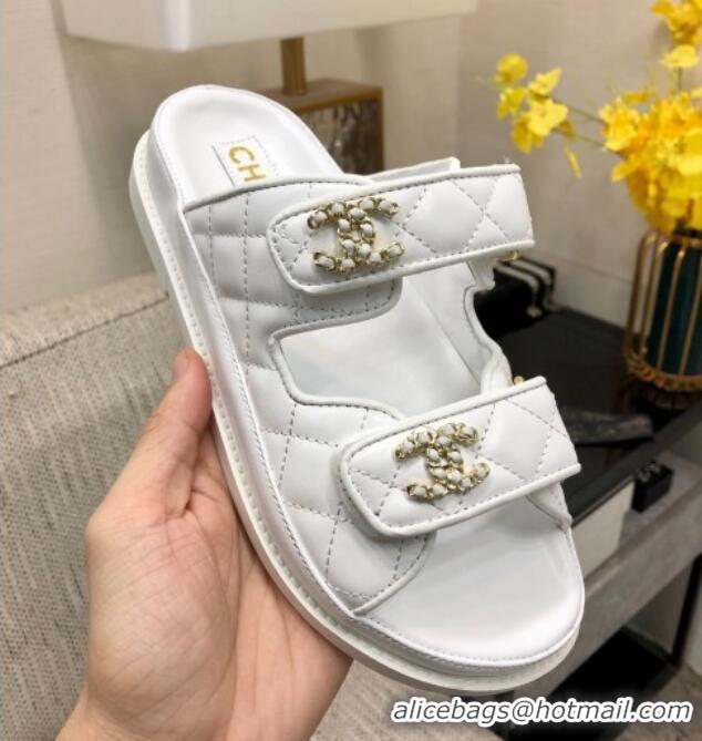 Purchase Chanel Quilted Lambskin Flat Strap Slide Sandals with Chain CC White 0224057