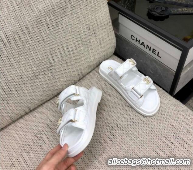 Purchase Chanel Quilted Lambskin Flat Strap Slide Sandals with Chain CC White 0224057