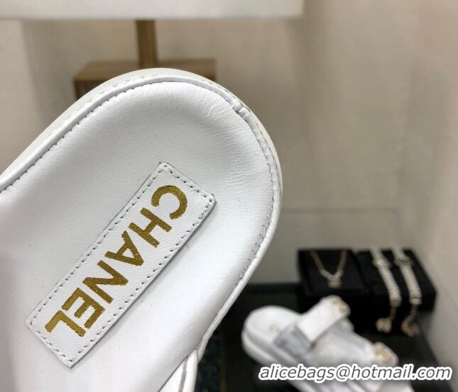 Purchase Chanel Quilted Lambskin Flat Strap Slide Sandals with Chain CC White 0224057