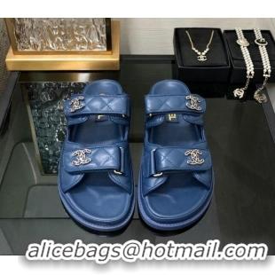 Good Quality Chanel Quilted Lambskin Flat Strap Slide Sandals with Chain CC Dark Blue 0224058