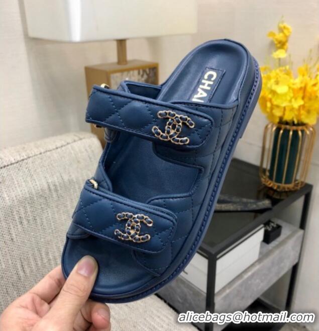 Good Quality Chanel Quilted Lambskin Flat Strap Slide Sandals with Chain CC Dark Blue 0224058