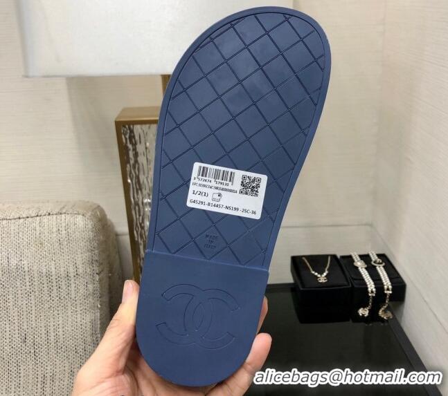 Good Quality Chanel Quilted Lambskin Flat Strap Slide Sandals with Chain CC Dark Blue 0224058