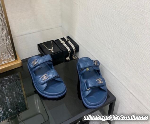 Good Quality Chanel Quilted Lambskin Flat Strap Slide Sandals with Chain CC Dark Blue 0224058