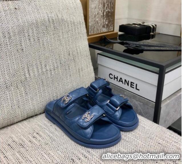 Good Quality Chanel Quilted Lambskin Flat Strap Slide Sandals with Chain CC Dark Blue 0224058