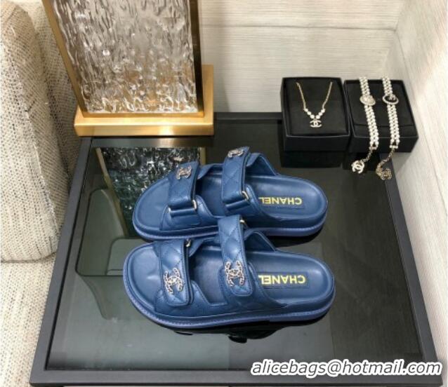 Good Quality Chanel Quilted Lambskin Flat Strap Slide Sandals with Chain CC Dark Blue 0224058