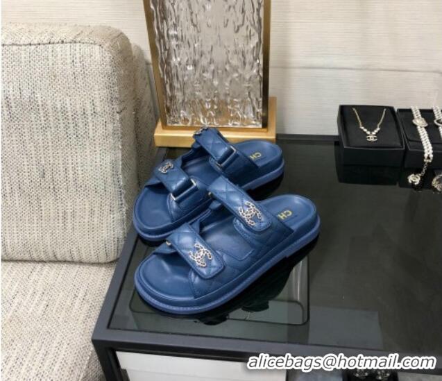 Good Quality Chanel Quilted Lambskin Flat Strap Slide Sandals with Chain CC Dark Blue 0224058