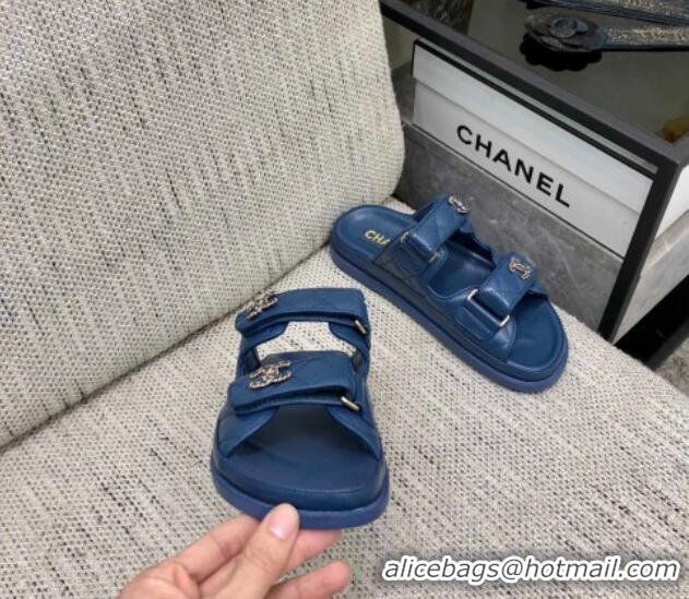 Good Quality Chanel Quilted Lambskin Flat Strap Slide Sandals with Chain CC Dark Blue 0224058