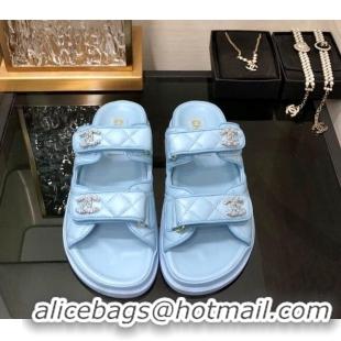 Classic Hot Chanel Quilted Lambskin Flat Strap Slide Sandals with Chain CC Light Blue 0224059