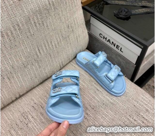 Classic Hot Chanel Quilted Lambskin Flat Strap Slide Sandals with Chain CC Light Blue 0224059