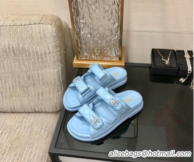 Classic Hot Chanel Quilted Lambskin Flat Strap Slide Sandals with Chain CC Light Blue 0224059