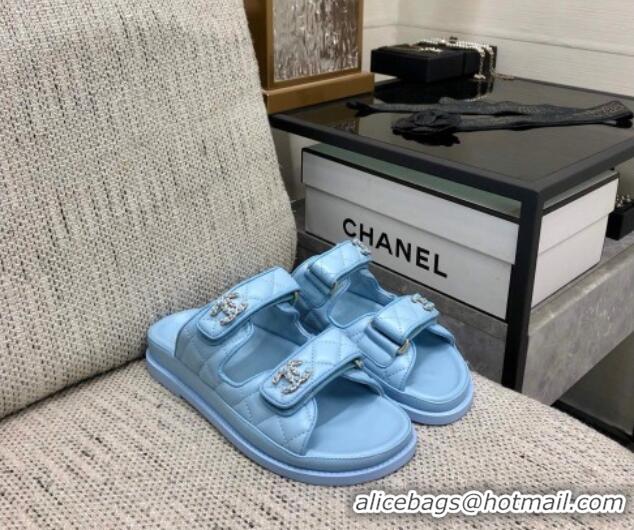 Classic Hot Chanel Quilted Lambskin Flat Strap Slide Sandals with Chain CC Light Blue 0224059