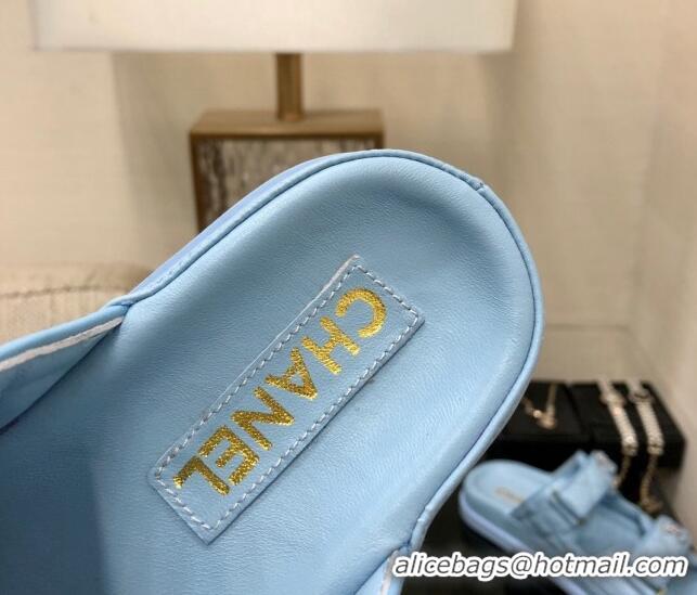 Classic Hot Chanel Quilted Lambskin Flat Strap Slide Sandals with Chain CC Light Blue 0224059