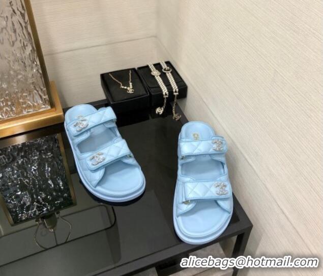 Classic Hot Chanel Quilted Lambskin Flat Strap Slide Sandals with Chain CC Light Blue 0224059