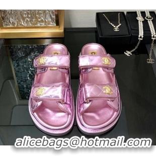 Top Grade Chanel Metallic Oil Calfskin Flat Strap Slide Sandals with Metal CC Light Pink 0224060