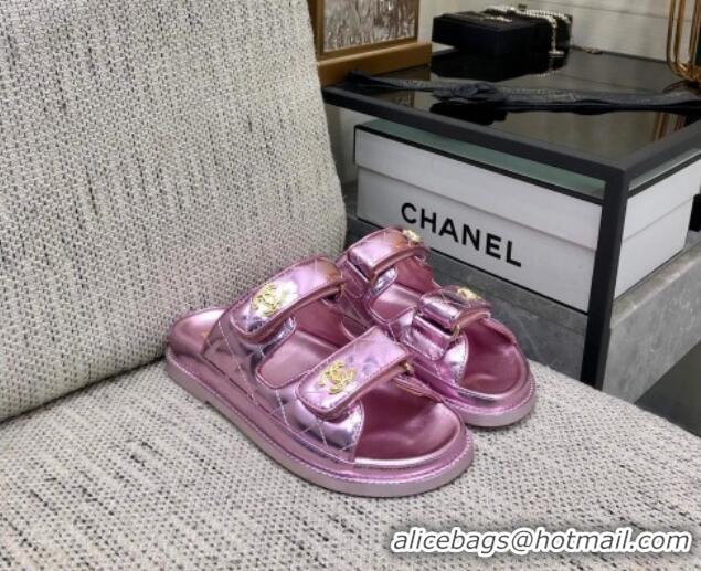 Top Grade Chanel Metallic Oil Calfskin Flat Strap Slide Sandals with Metal CC Light Pink 0224060