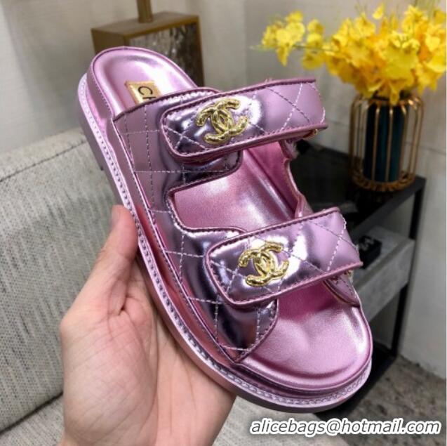 Top Grade Chanel Metallic Oil Calfskin Flat Strap Slide Sandals with Metal CC Light Pink 0224060