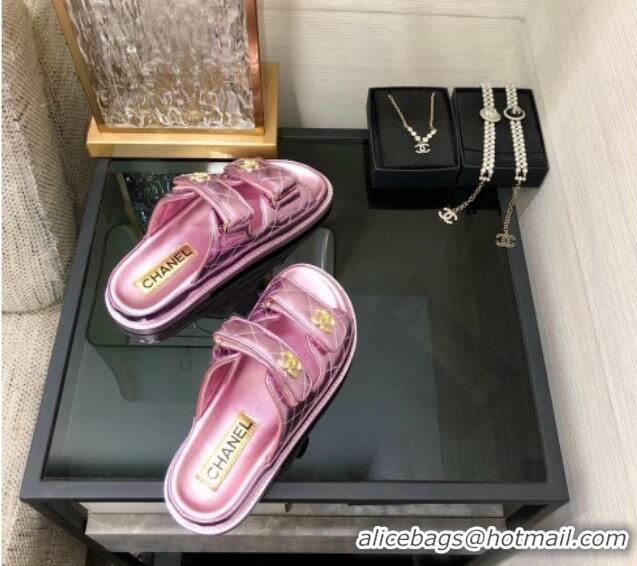 Top Grade Chanel Metallic Oil Calfskin Flat Strap Slide Sandals with Metal CC Light Pink 0224060