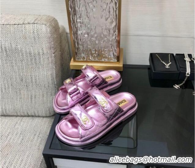 Top Grade Chanel Metallic Oil Calfskin Flat Strap Slide Sandals with Metal CC Light Pink 0224060