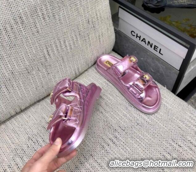 Top Grade Chanel Metallic Oil Calfskin Flat Strap Slide Sandals with Metal CC Light Pink 0224060