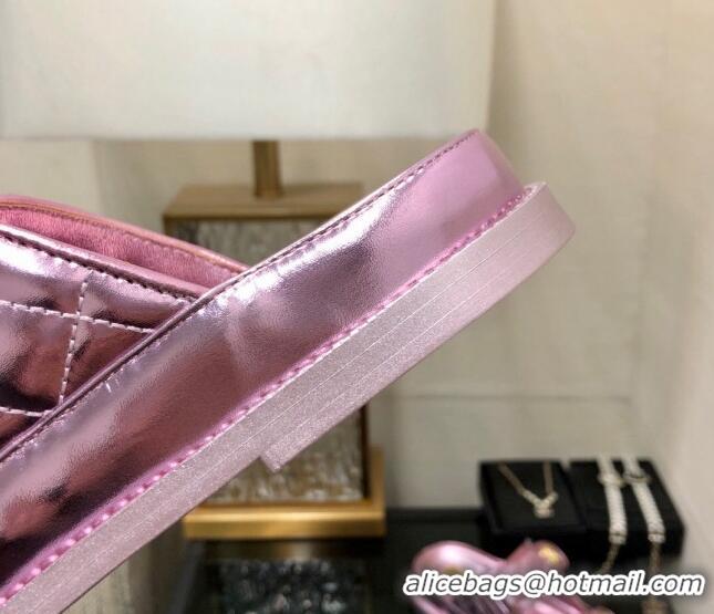 Top Grade Chanel Metallic Oil Calfskin Flat Strap Slide Sandals with Metal CC Light Pink 0224060