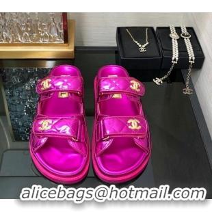 Most Popular Chanel Metallic Oil Calfskin Flat Strap Slide Sandals with Metal CC Dark Pink 0224062